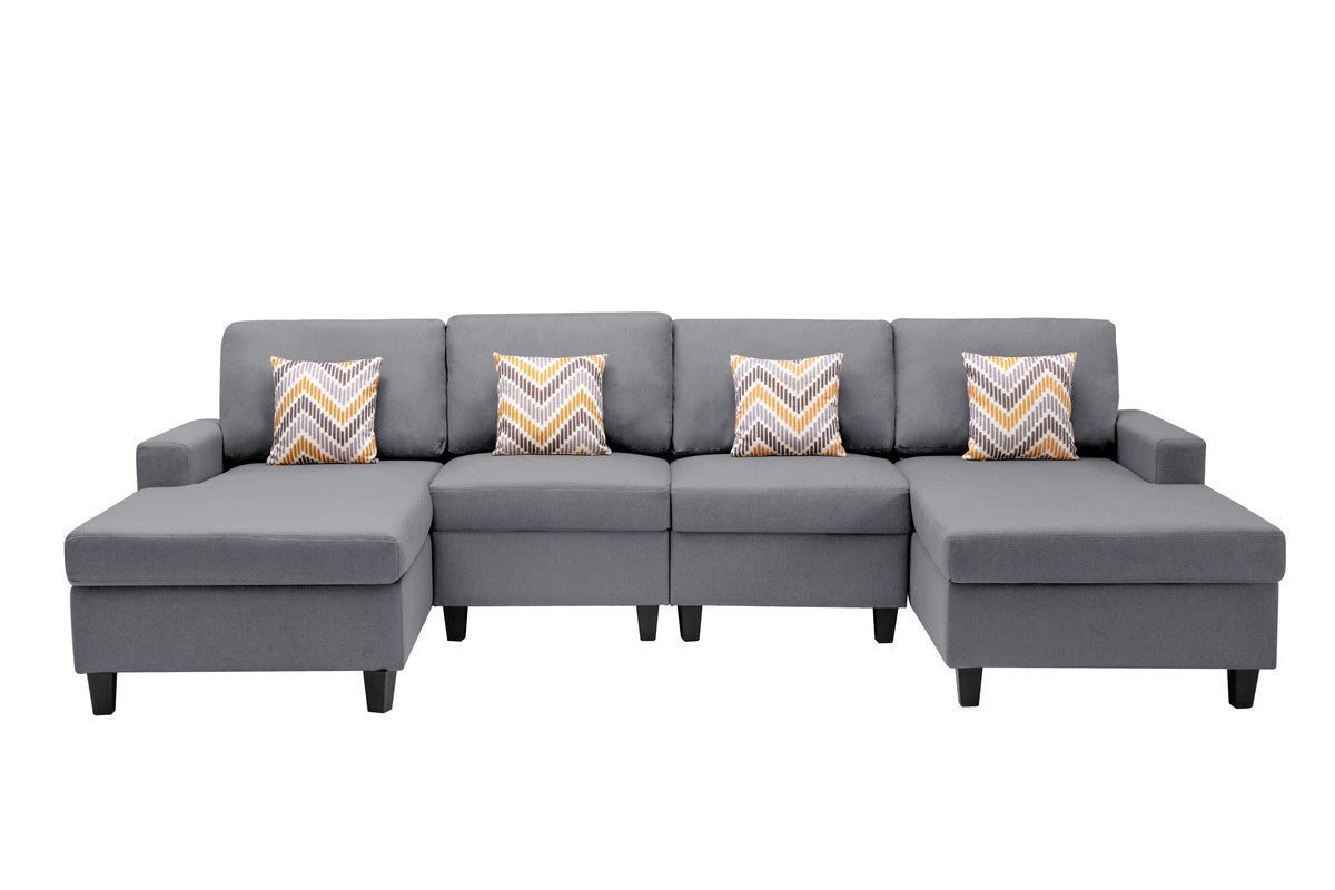 Nolan Gray Linen Fabric 4Pc Double Chaise Sectional Sofa with Pillows and Interchangeable Legs