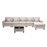 Nolan Beige Linen Fabric 6Pc Reversible Sectional Sofa Chaise with Interchangeable Legs, Pillows and Storage Ottoman