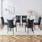 1 table and 6 black chairs Glass dining table with black coated metal legs
