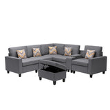 Nolan Gray Linen Fabric 7Pc Reversible Sectional Sofa with Interchangeable Legs, Pillows, Storage Ottoman, and a USB, Charging Ports, Cupholders, Storage Console Table