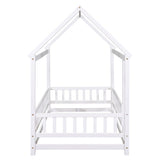 Twin Size Floor Wooden Bed with House Roof Frame, Fence Guardrails,White