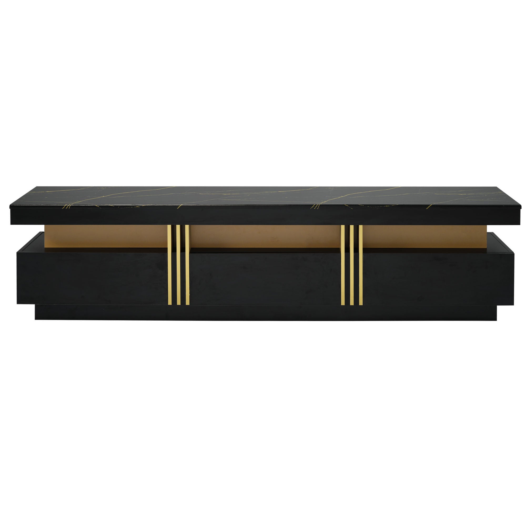 ON-TREND Luxury TV Stand with High Gloss Faux Marble Top for TVs Up to 78'', Rectangle Media Console with Golden Panel Design, Practical Entertainment Center with 3 Drawers for Living Room, Black