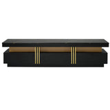 ON-TREND Luxury TV Stand with High Gloss Faux Marble Top for TVs Up to 78'', Rectangle Media Console with Golden Panel Design, Practical Entertainment Center with 3 Drawers for Living Room, Black