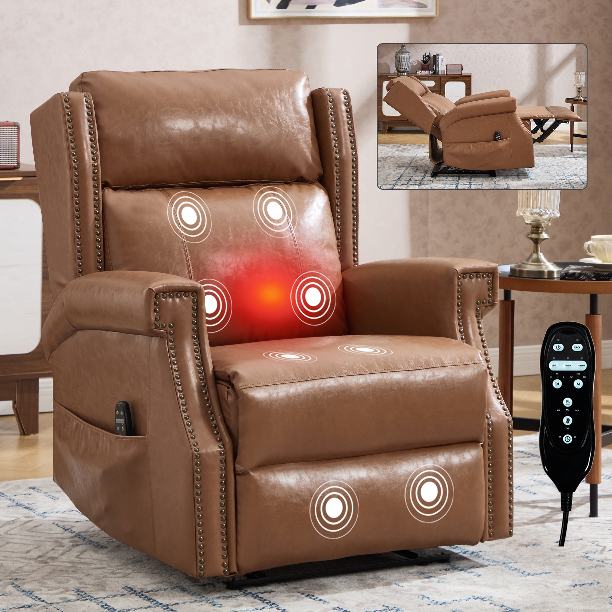 Camel Manual Recliner Chair in Faux Leather for Living Room with Heavy Duty Motion Mechanism, 8 vibrating nodes and 3 massage modes.