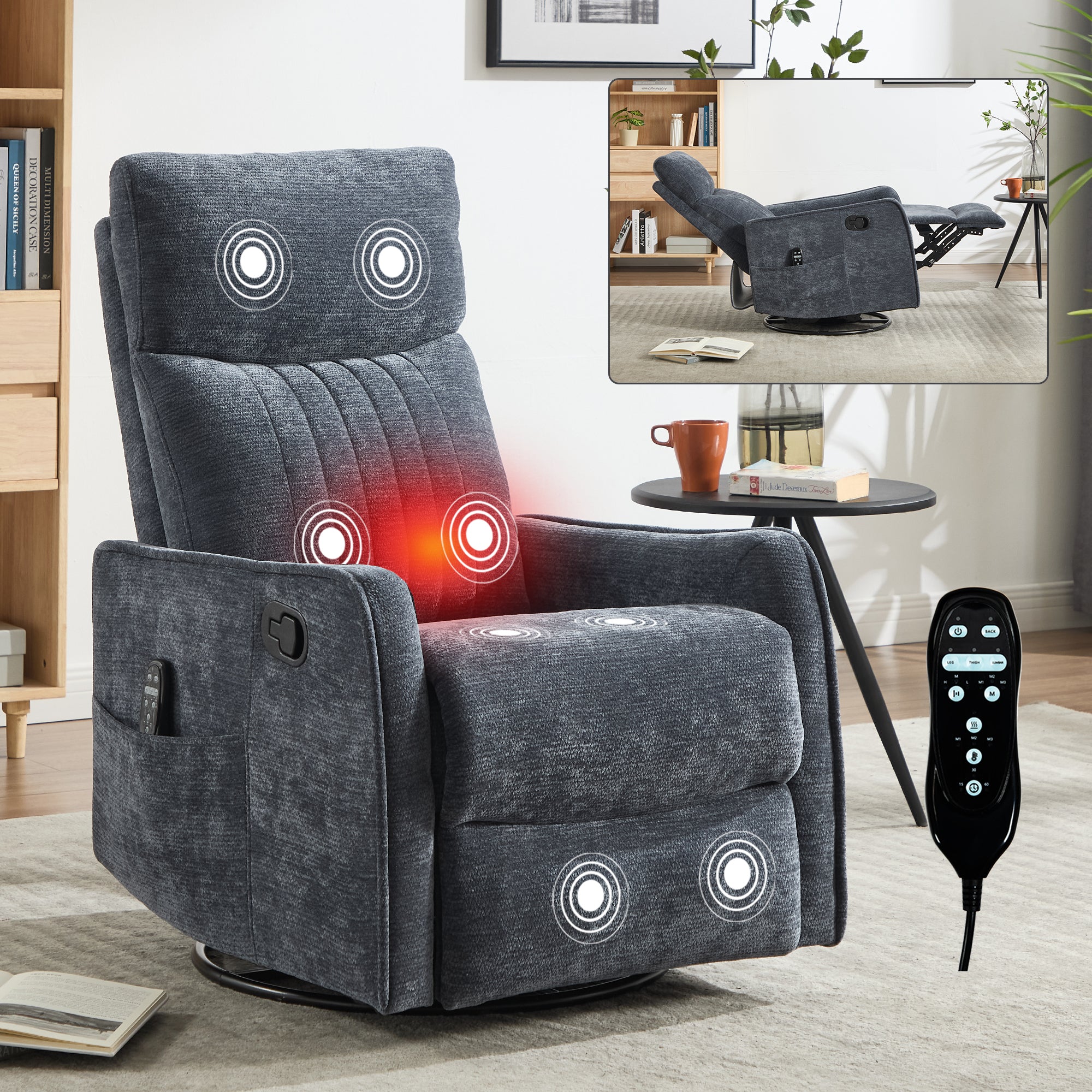 Blue Heat Massage Manual Recliner Chair with Rocker and Swivel in Fabric for Living Room