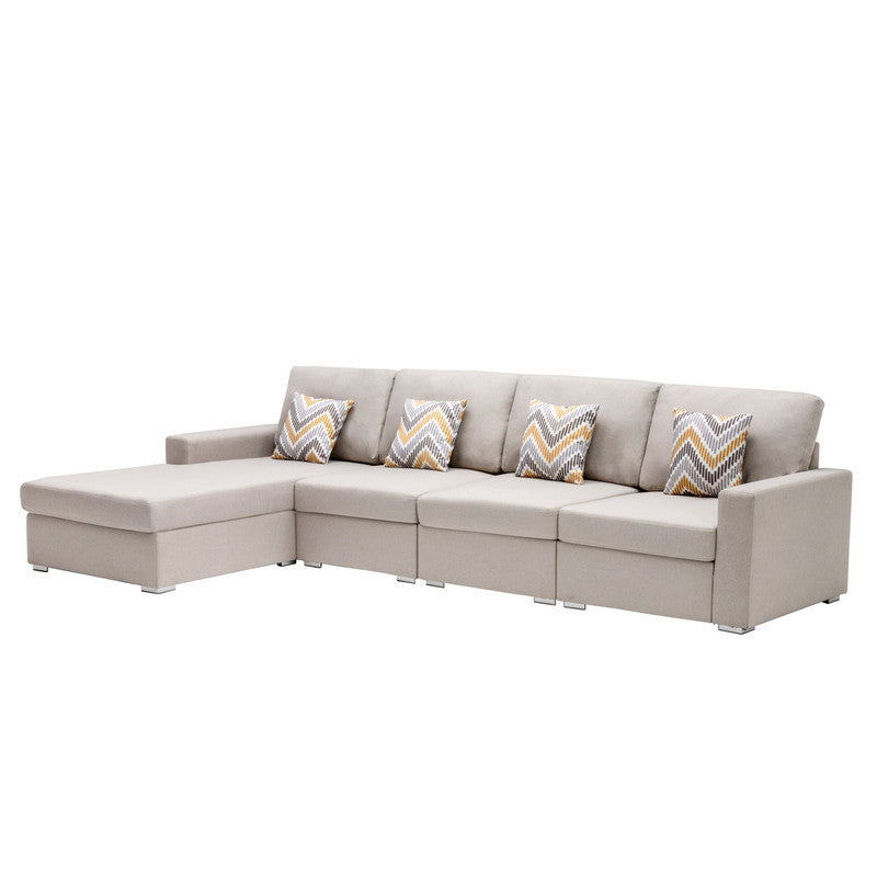 Nolan Beige Linen Fabric 4Pc Reversible Sectional Sofa Chaise with Pillows and Interchangeable Legs