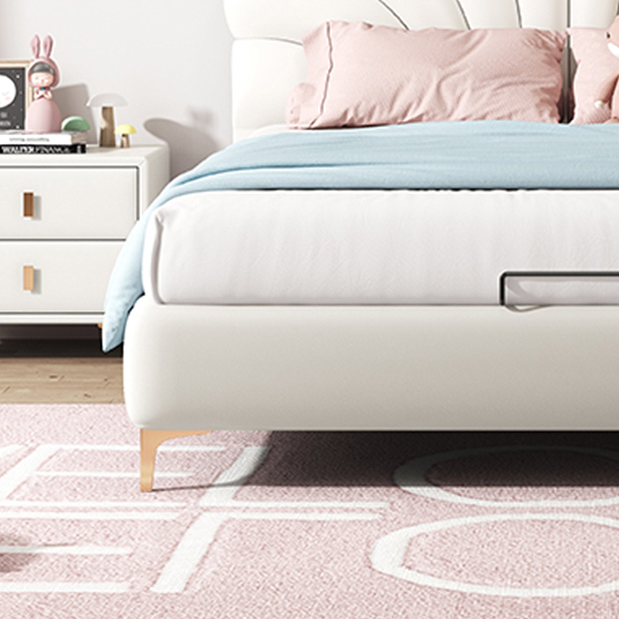 Modern Upholstered Leather Bed Frame with Petal shaped Headboard, Heavy Duty Platform Bed with Wood Slat Support