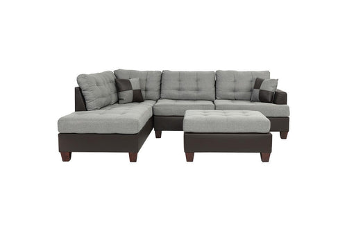 3pc Contemporary Sectional Grey Linen Like Fabric Cushion Tufted Reversible