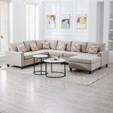 Nolan Beige Linen Fabric 6Pc Reversible Chaise Sectional Sofa with Pillows and Interchangeable Legs