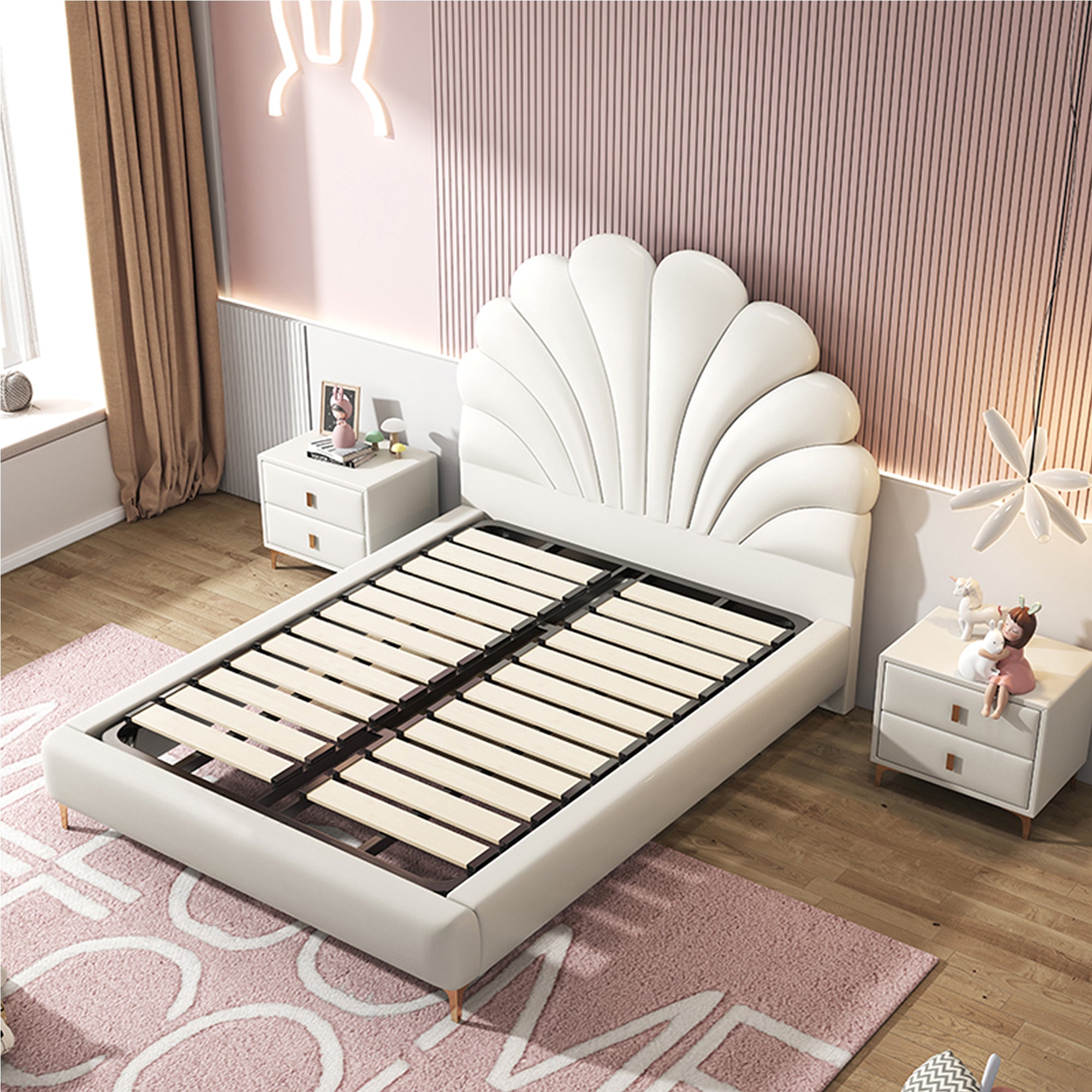 Modern Upholstered Leather Bed Frame with Petal shaped Headboard, Heavy Duty Platform Bed with Wood Slat Support