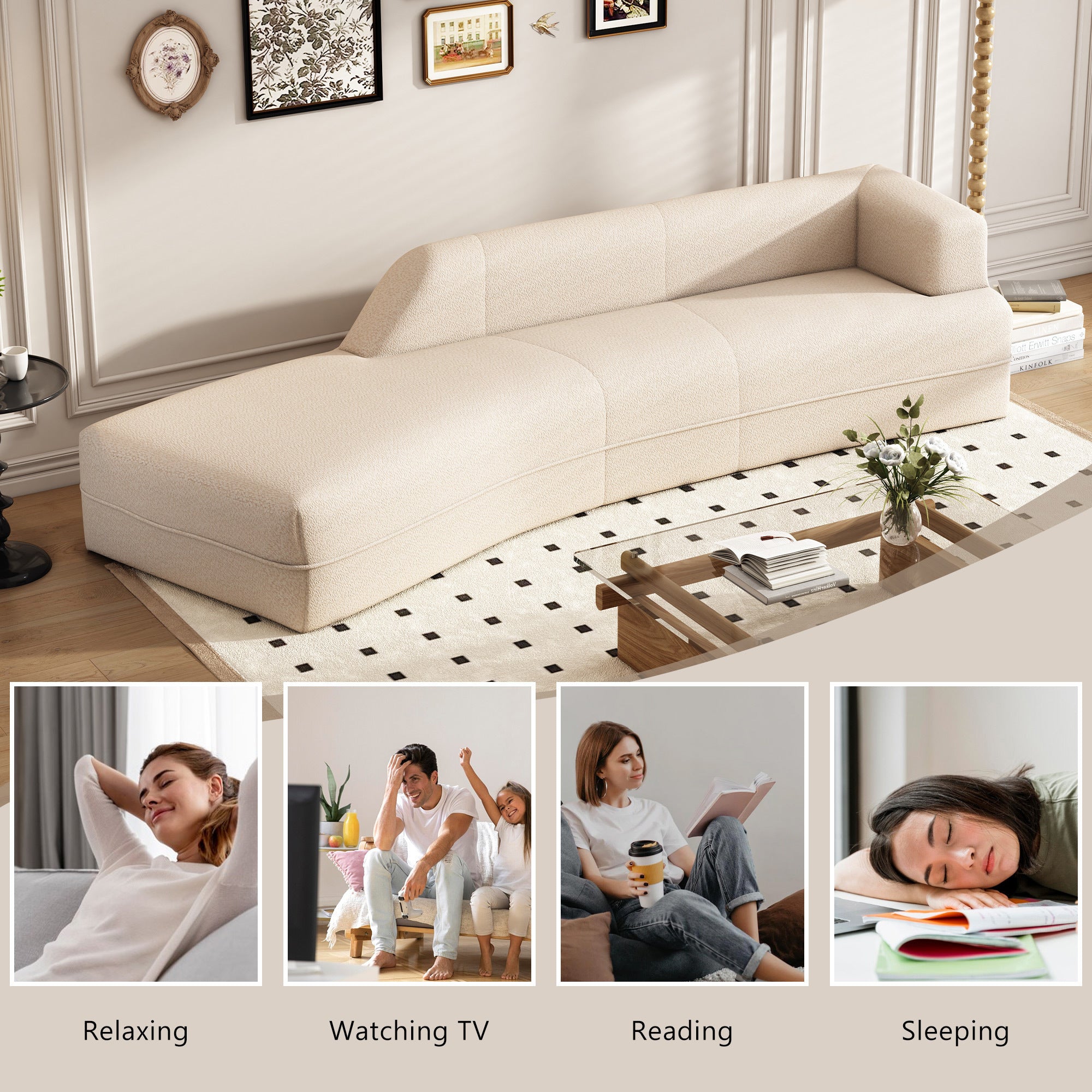 109.4" Beige Curved Chaise Lounge