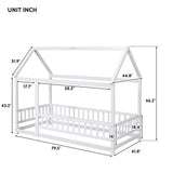 Twin Size Floor Wooden Bed with House Roof Frame, Fence Guardrails,White