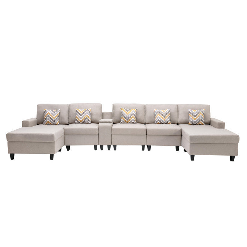 Nolan Beige Linen Fabric 6Pc Double Chaise Sectional Sofa with Interchangeable Legs, a USB, Charging Ports, Cupholders, Storage Console Table and Pillows