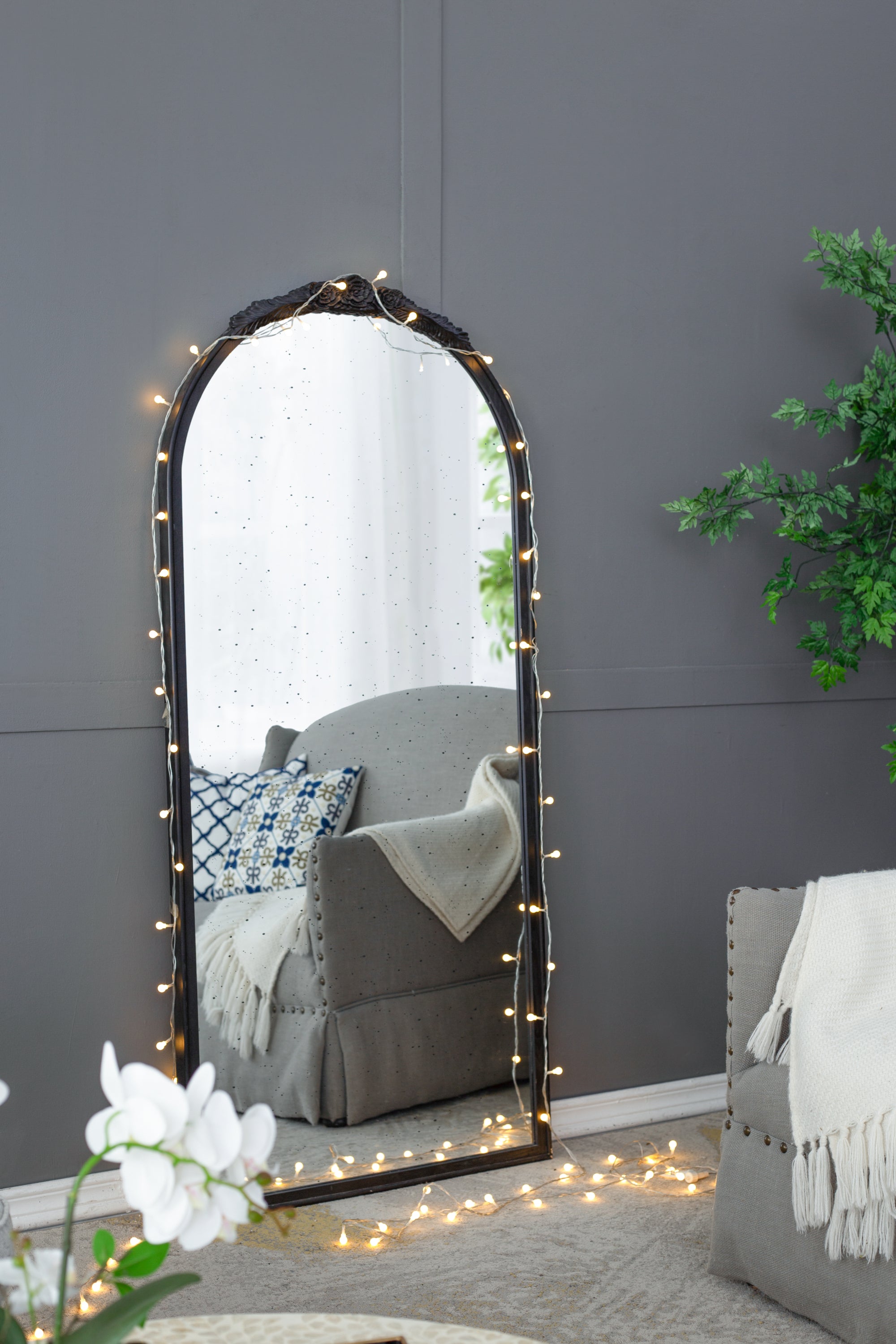 30" x 65"  Hand Carved Rose Antique Mirror Frame, Large Arch Mirror Wall Decor for Living Room, Bathroom, Entryway(Black)