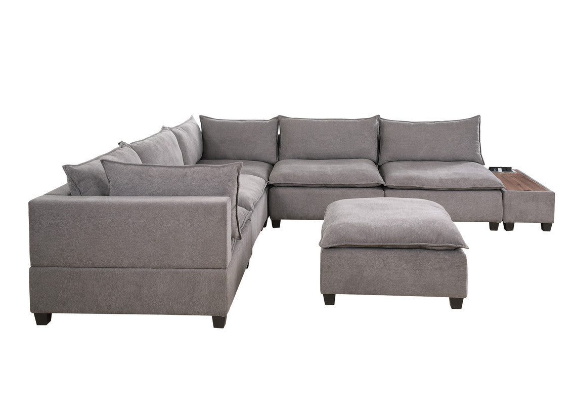 Madison Light Gray Fabric 7Pc Modular Sectional Sofa with Ottoman and USB Storage Console Table