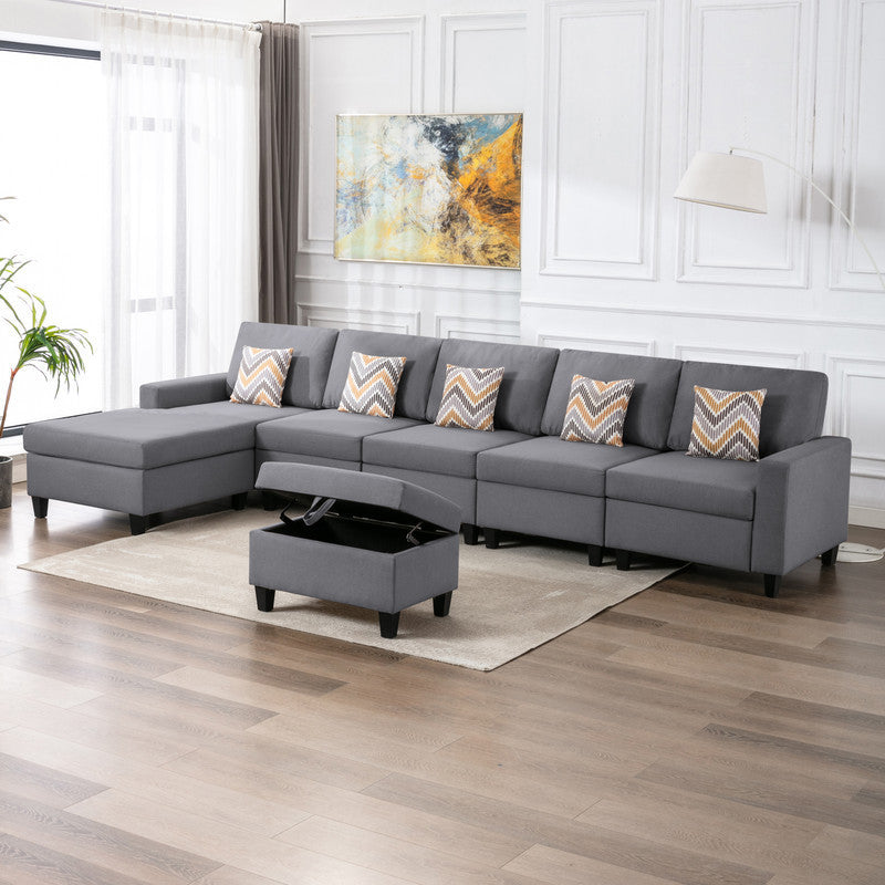 Nolan Gray Linen Fabric 6Pc Reversible Sectional Sofa Chaise with Interchangeable Legs, Pillows and Storage Ottoman