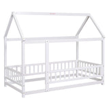 Twin Size Floor Wooden Bed with House Roof Frame, Fence Guardrails,White