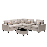 Nolan Beige Linen Fabric 7Pc Reversible Sectional Sofa with Interchangeable Legs, Pillows, Storage Ottoman, and a USB, Charging Ports, Cupholders, Storage Console Table