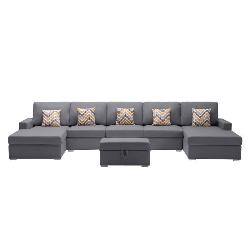 Nolan Gray Linen Fabric 6Pc Double Chaise Sectional Sofa with Interchangeable Legs, Storage Ottoman, and Pillows