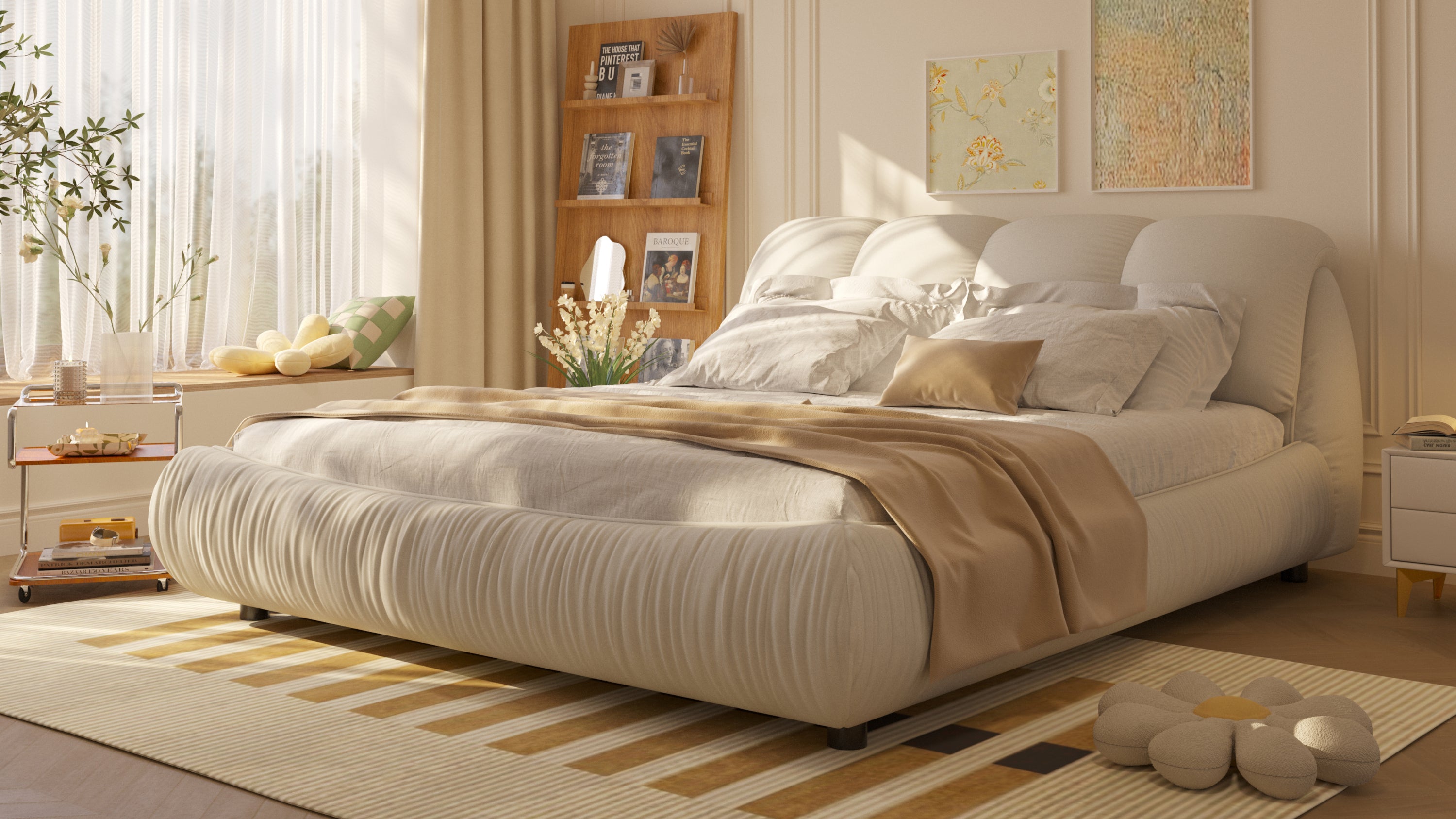 King Size Luxury Upholstered Platform Bed with Oversized Padded Backrest and Solid Wood Frame,suitable for Multiple heights of mattresses,Beige(Old Sku:W1885S00015)