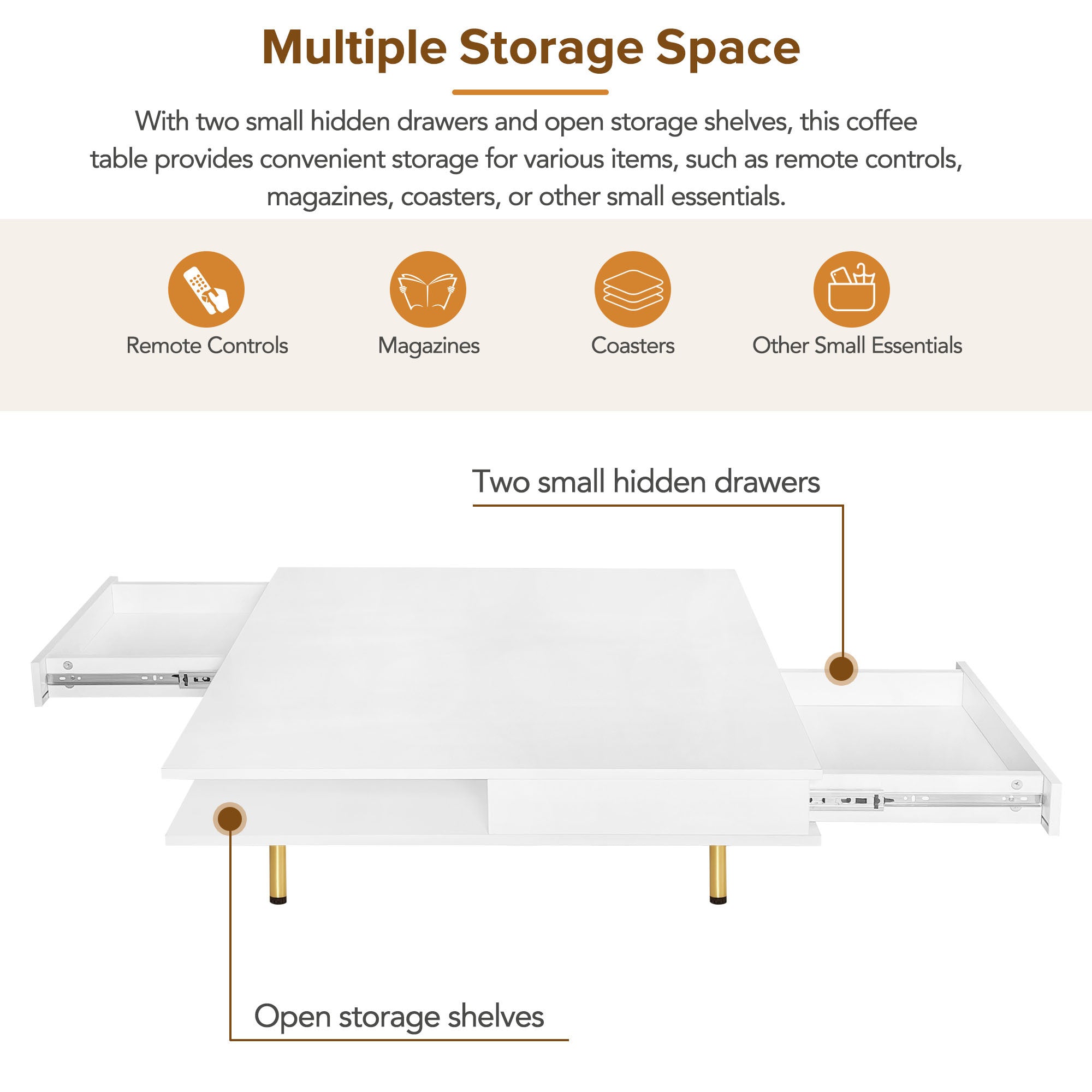 ON-TREND Exquisite High Gloss Coffee Table with 4 Golden Legs and 2 Small Drawers, 2-Tier Square Center Table for Living Room, White