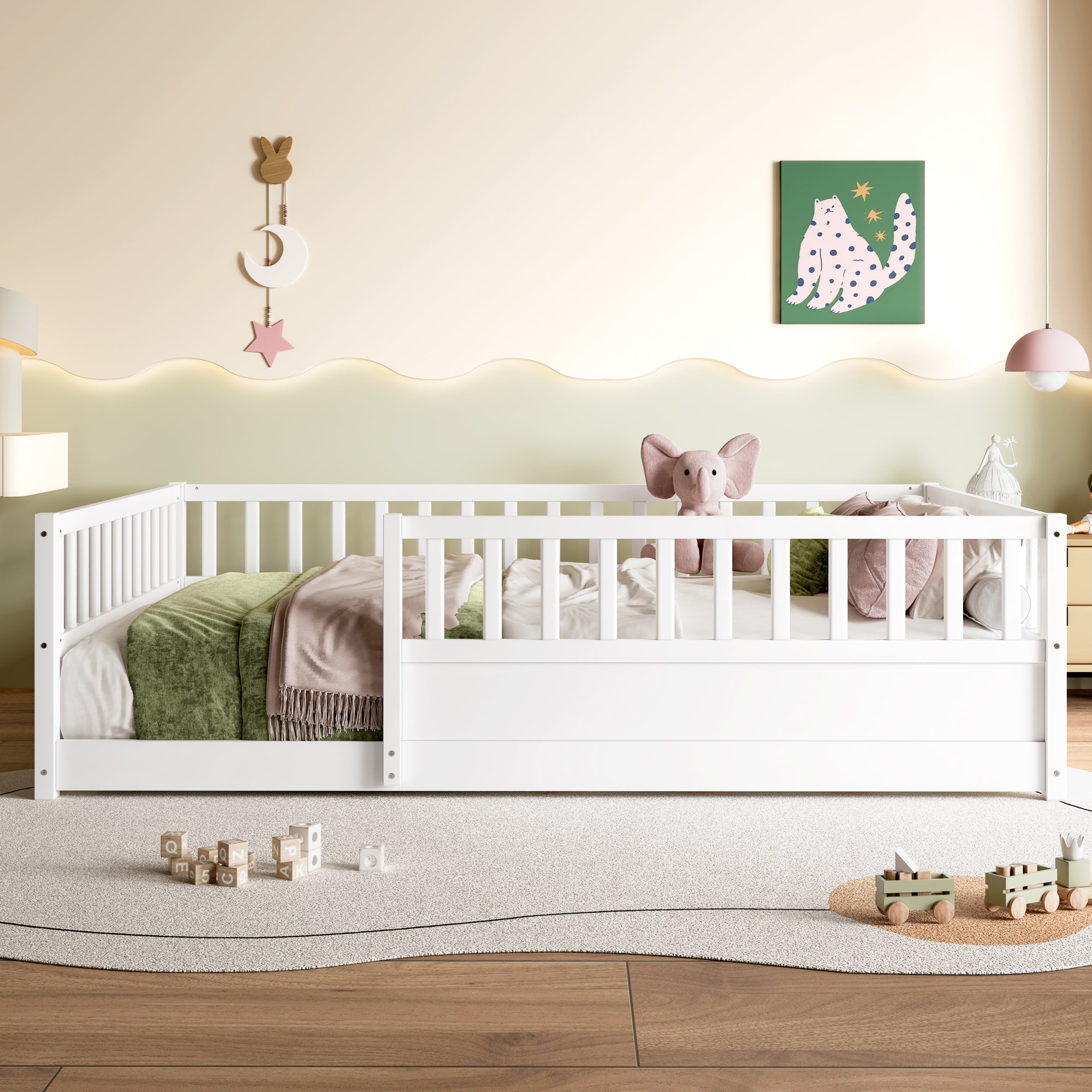 Full Size Floor bed, integral construction with super high security barrier, door, children's floor bed frame, Montessori wooden children's floor bed, white