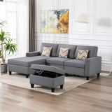 Nolan Gray Linen Fabric 4Pc Reversible Sofa Chaise with Interchangeable Legs, Storage Ottoman, and Pillows