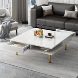 ON-TREND Exquisite High Gloss Coffee Table with 4 Golden Legs and 2 Small Drawers, 2-Tier Square Center Table for Living Room, White