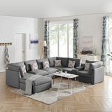 Amira 122.8" Gray Fabric Reversible Modular Sectional Sofa with USB Console and Ottoman