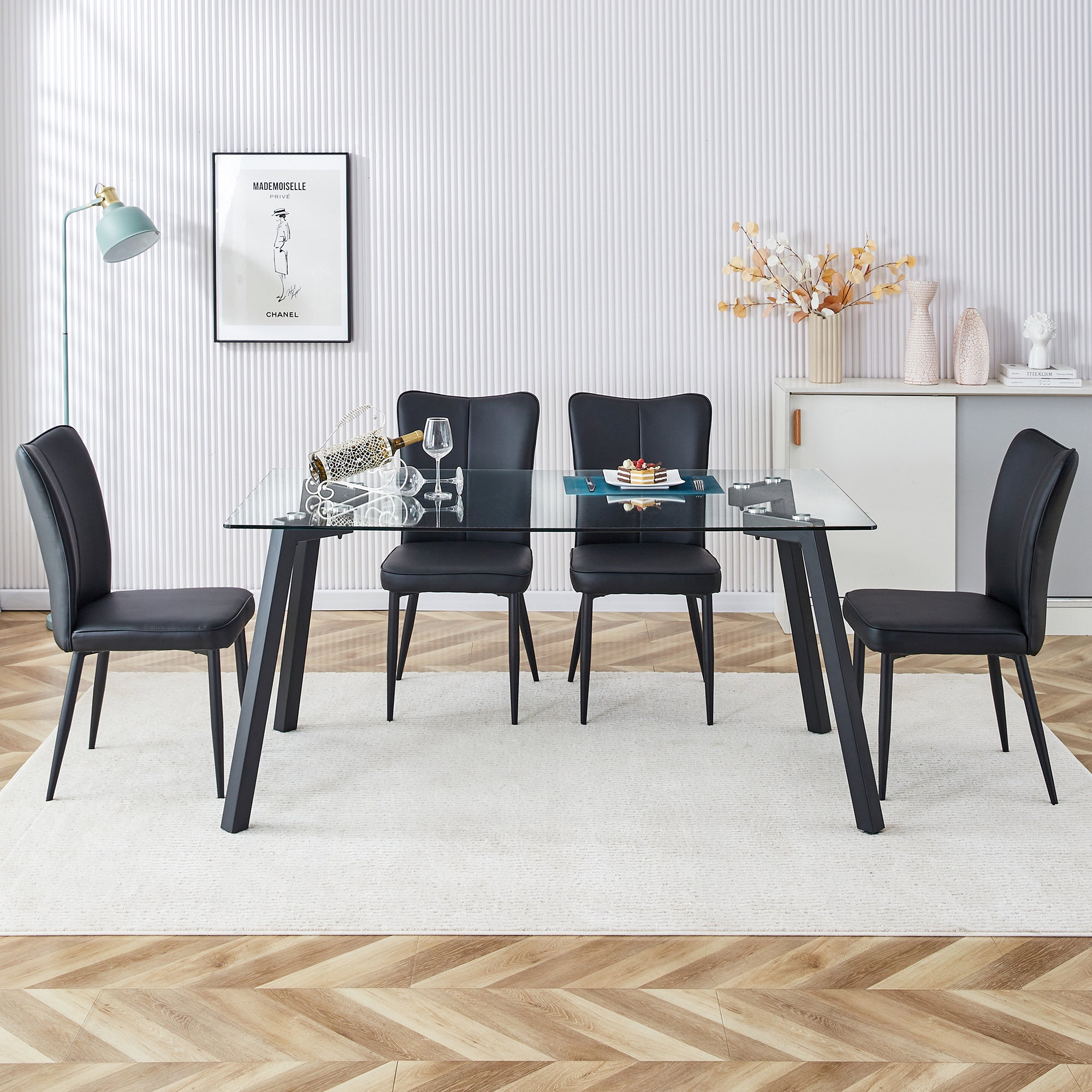 Table and chair set. 1 table and 6 black chairs. Glass dining table with 0.31-inch tempered glass tabletop and black coated metal legs. Equipped with black PU chairs 1123 008