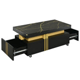 [VIDEO provided] ON-TREND Contemporary Coffee Table with Faux Marble Top, Rectangle Cocktail Table with Caster Wheels, Moderate Luxury Center Table with Gold Metal Bars for Living Room, Black