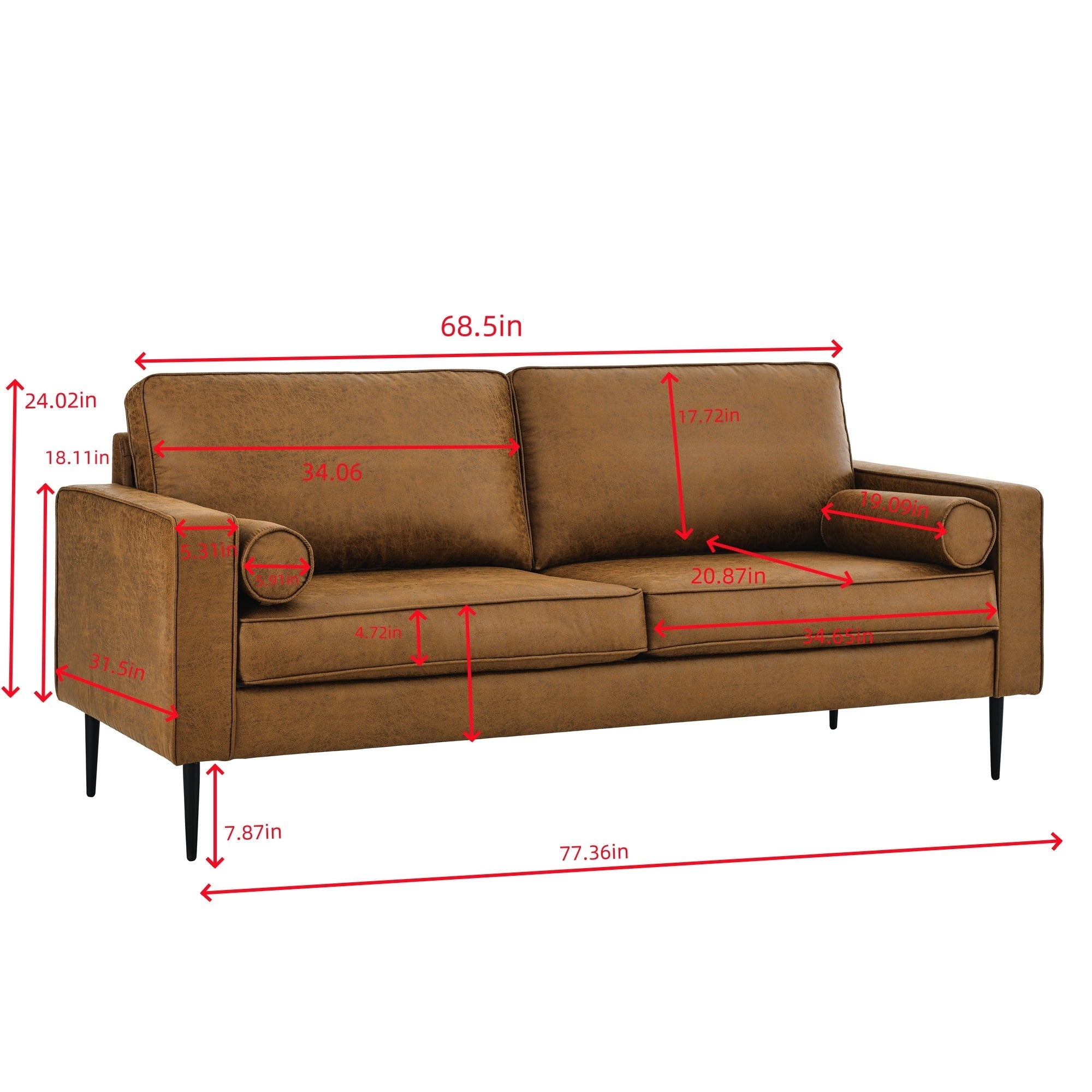 79"Mid-Century Modern Couch with high-tech Fabric Surface/ Upholstered Cushions/Pillows,Seat Sofas&Couches for Living Room Apartment Office, Large-Brown