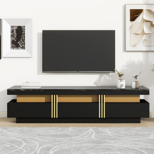 ON-TREND Luxury TV Stand with High Gloss Faux Marble Top for TVs Up to 78'', Rectangle Media Console with Golden Panel Design, Practical Entertainment Center with 3 Drawers for Living Room, Black