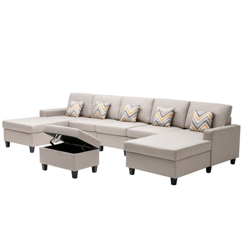 Nolan Beige Linen Fabric 6Pc Double Chaise Sectional Sofa with Interchangeable Legs, Storage Ottoman, and Pillows