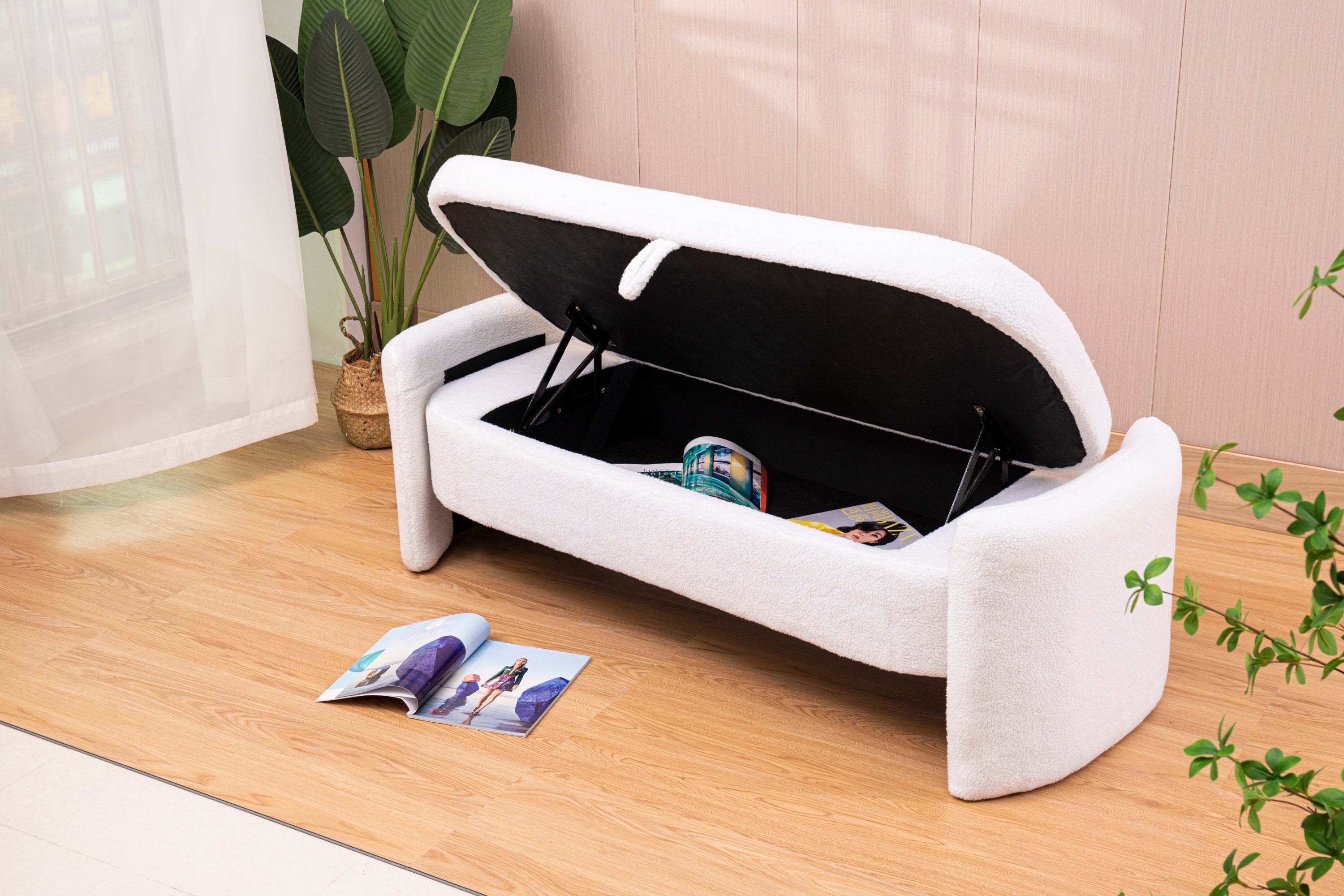 Footstool with storage function  beige teddy fabric  suitable for hallway bedroom living room