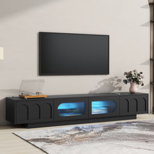 ON-TREND TV Stand with Fluted tempered Glass Doors for TVs Up to 95'', Functional Media Console with Arched Cabinet Doors, Entertainment Center with APP-Controlled LED Light for Living Room, Black