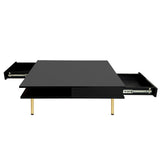 ON-TREND Exquisite High Gloss Coffee Table with 4 Golden Legs and 2 Small Drawers, 2-Tier Square Center Table for Living Room, Black