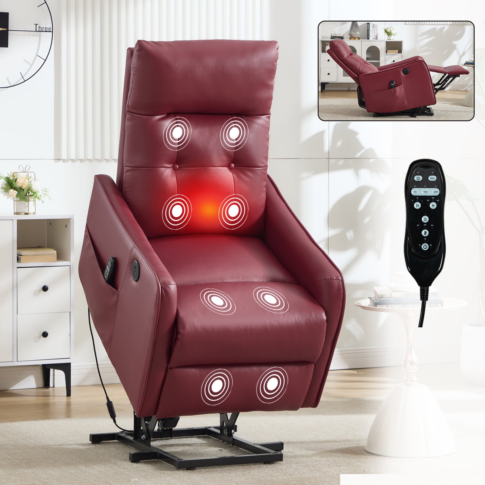 Wine Red PU Single Motor Power Lift Recliner Chair with Massage and Heat for Elderly, Heavy Duty Motion Mechanism and One USB for Charging, Max Reclining Angle 155°