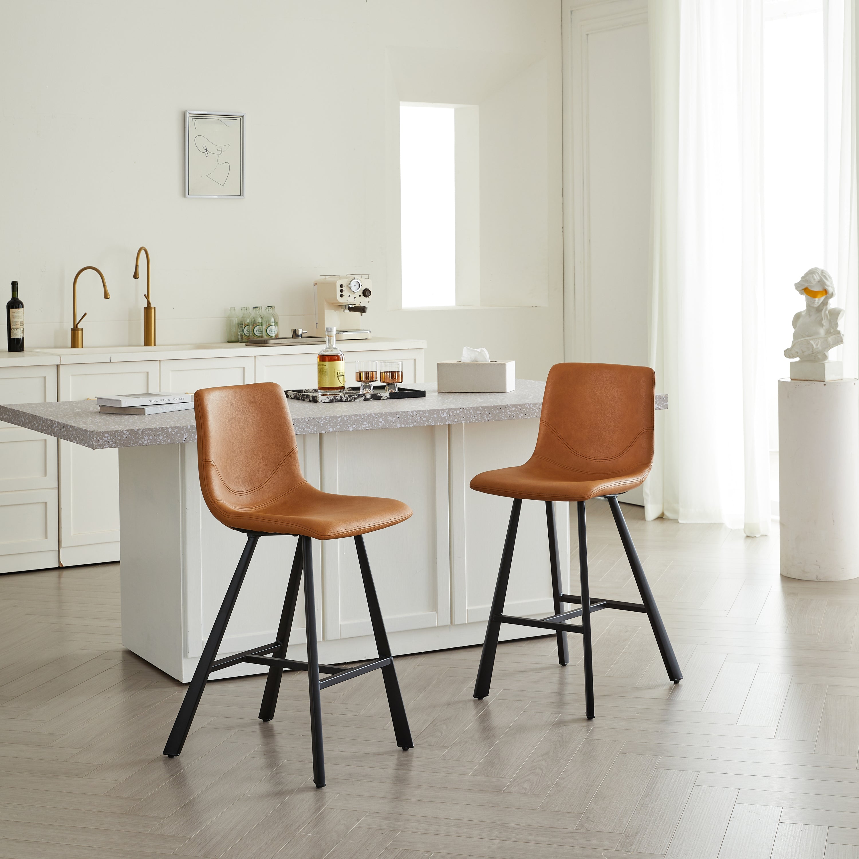 Faux Leather Bar Stool with Ergonomic Curved Backrest - Sturdy Black Metal Frame Counter Height Seating with Footrest for Kitchen Island, Home Bar & Restaurant,2 Sets