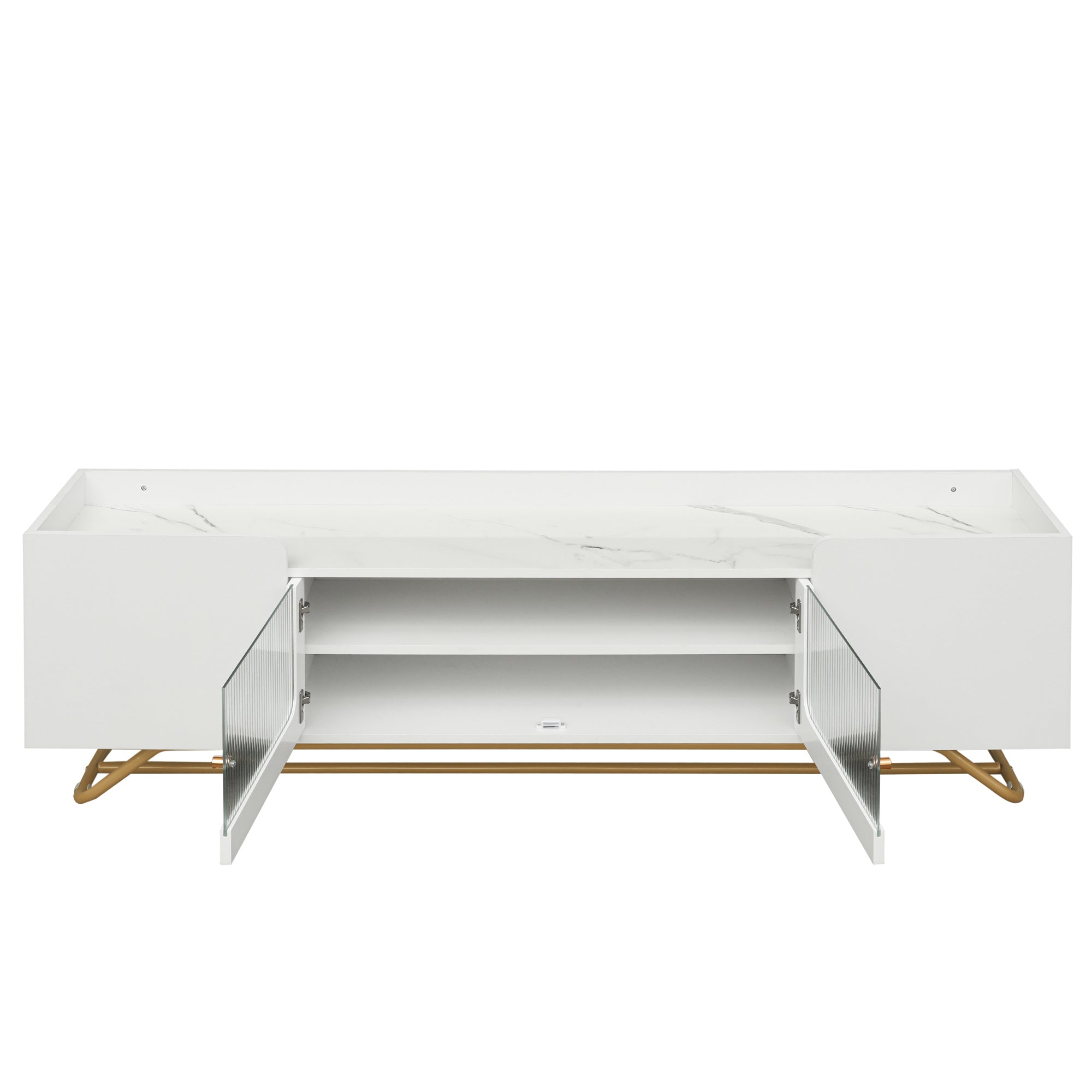 ON-TREND Sleek Design TV Stand with Fluted Glass, Contemporary Entertainment Center for TVs Up to 70", Faux Marble Top TV Console Table with Gold Frame Base, White