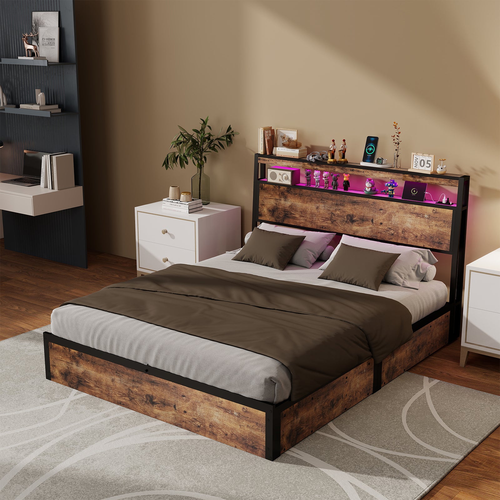 Full Size Rustic Brown Hydraulic Lift Storage Bed Frame - Metal Noise-Free Structure + RGB LED Lights + USB/Type-C Charging Station, No Box Spring Needed