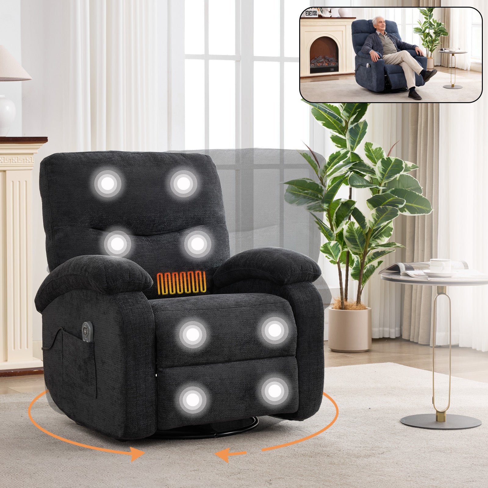 Hot massage manual lounge chair, with rocker arms and rotating fabric, with cup bucket, for living room, black