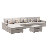 Nolan Beige Linen Fabric 6Pc Reversible Sectional Sofa Chaise with Interchangeable Legs, Pillows and Storage Ottoman