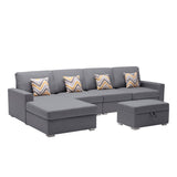 Nolan Gray Linen Fabric 5Pc Reversible Sofa Chaise with Interchangeable Legs, Storage Ottoman, and Pillows