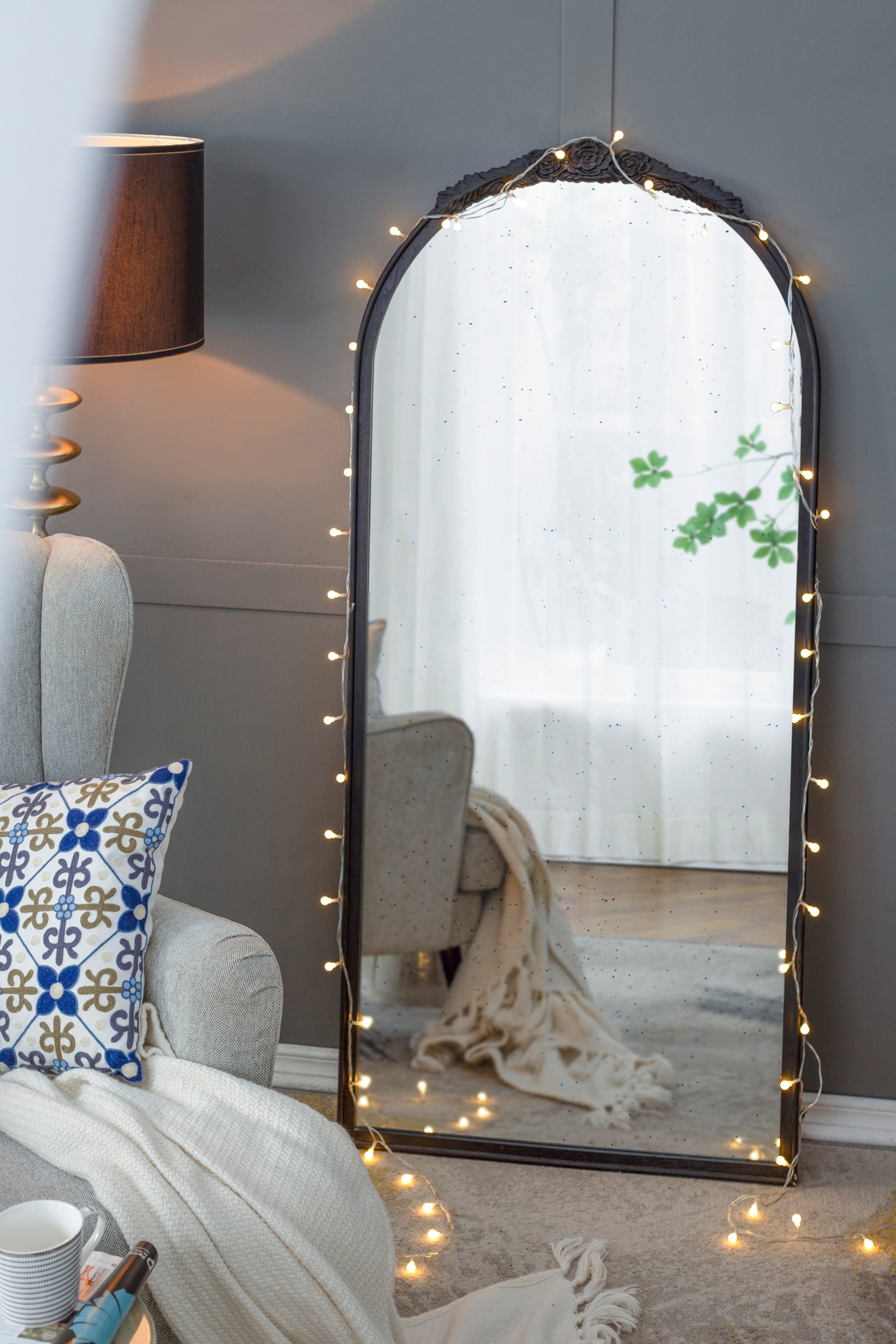 30" x 65"  Hand Carved Rose Antique Mirror Frame, Large Arch Mirror Wall Decor for Living Room, Bathroom, Entryway(Black)