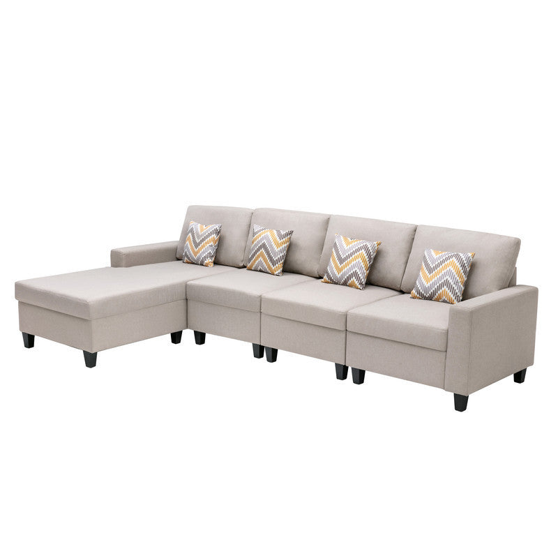 Nolan Beige Linen Fabric 4Pc Reversible Sectional Sofa Chaise with Pillows and Interchangeable Legs