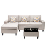 Nolan Beige Linen Fabric 4Pc Reversible Sofa Chaise with Interchangeable Legs, Storage Ottoman, and Pillows