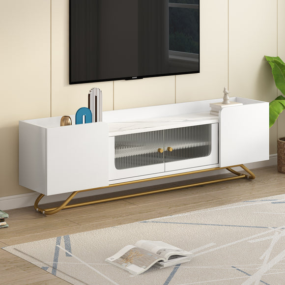 ON-TREND Sleek Design TV Stand with Fluted Glass, Contemporary Entertainment Center for TVs Up to 70