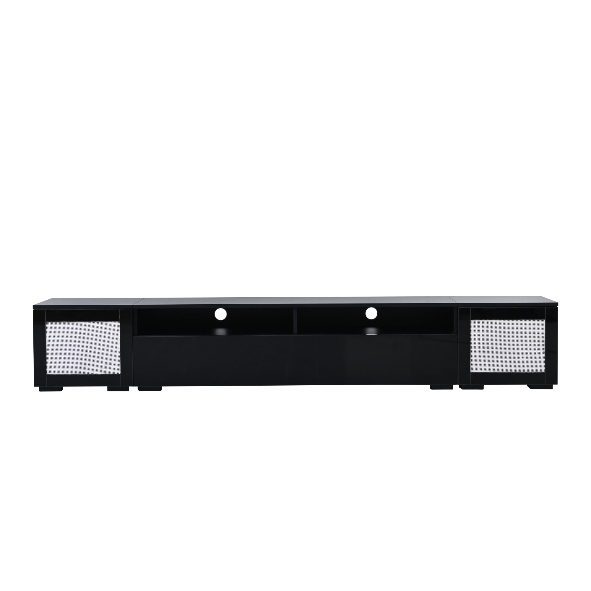 ON-TREND Extended, Rattan Style Entertainment Center, 7 Pieces Floating TV Console Table for TVs Up to 90'', High Gloss Wall Mounted TV Stand with Color Changing LED Lights for Home Theatre, Black.