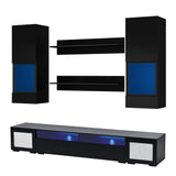 ON-TREND Extended, Rattan Style Entertainment Center, 7 Pieces Floating TV Console Table for TVs Up to 90'', High Gloss Wall Mounted TV Stand with Color Changing LED Lights for Home Theatre, Black.